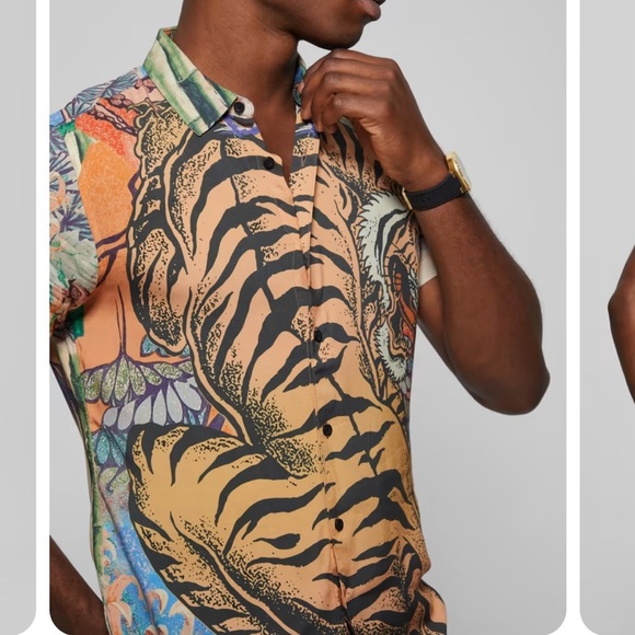 Men’s Guess Tiger Eco Bonsai Button Front Short Sleeve Button Down Shirt Small - Picture 3 of 11